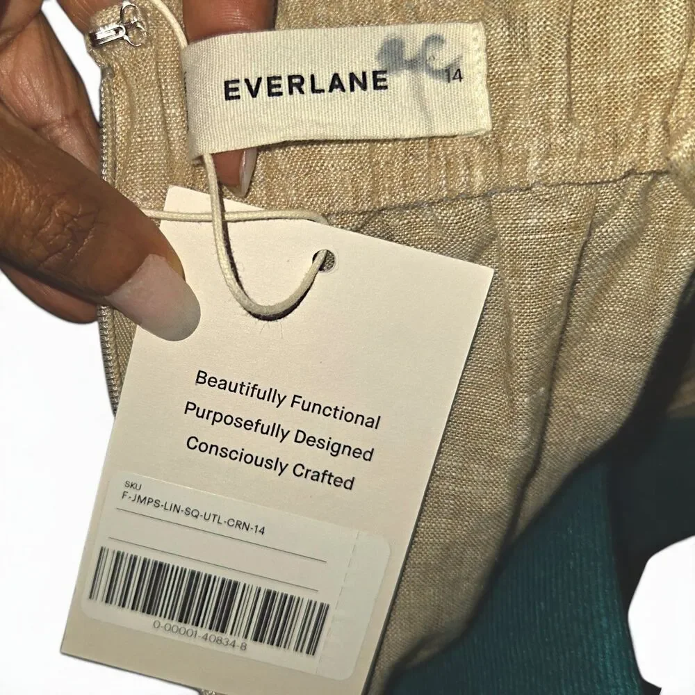 Everlane Linen Jumpsuit Size 14 Beige Belted Square Neck Button Sides Sleeveless